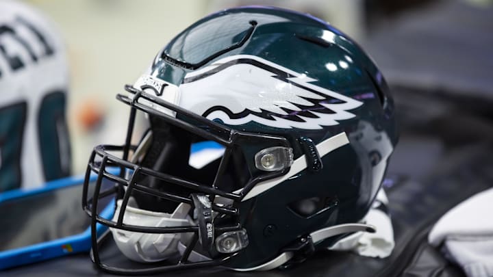 Oct 9, 2022; Glendale, Arizona, USA; Detailed view of a Philadelphia Eagles helmet at State Farm Stadium. Mandatory Credit: Mark J. Rebilas-Imagn Images Oct 9, 2022; Glendale, Arizona, USA; Detailed view of a Philadelphia Eagles helmet at State Farm Stadium. Mandatory Credit: Mark J. Rebilas-Imagn Images