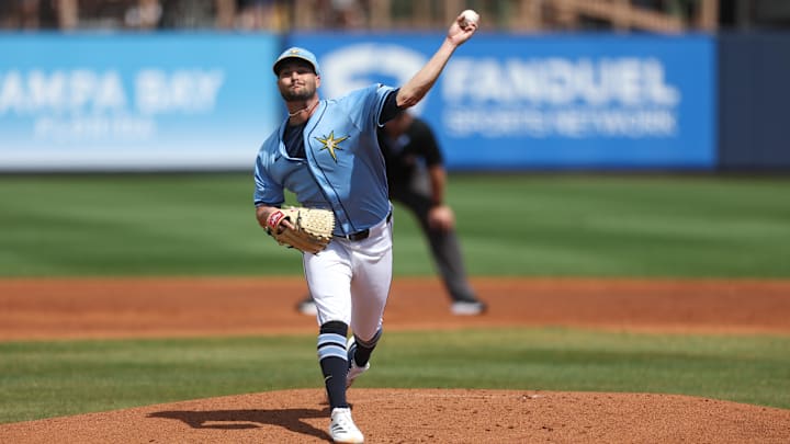 Port Charlotte, Florida, USA; Tampa Bay Rays pitcher Shane McClanahan (18) throws a pitch against the New York Mets in the second inning during spring training at Charlotte Sports Park. Port Charlotte, Florida, USA; Tampa Bay Rays pitcher Shane McClanahan (18) throws a pitch against the New York Mets in the second inning during spring training at Charlotte Sports Park.