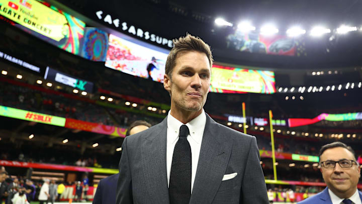 Feb 9, 2025; New Orleans, LA, USA; Tom Brady on the field before Super Bowl LIX between the Philadelphia Eagles and the Kansas City Chiefs at Ceasars Superdome. Mandatory Credit: Mark J. Rebilas-Imagn Images