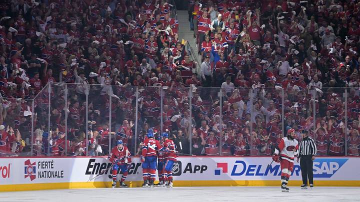 May 25, 2026; Montreal, Quebec, CAN; Montreal Canadiens players celebrate after a goal during the second period against the Carolina Hurricanes in game three of the Eastern Conference Final of the 2026 Stanley Cup Playoffs at Bell Centre. Mandatory Credit: Eric Bolte-Imagn Images