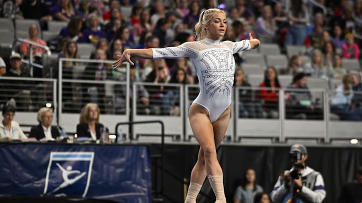 LSU Tigers gymnast Livvy Dunne warms up on floor before the start of the 2024 Womens National Gymnastics Championship at Dickies Arena.