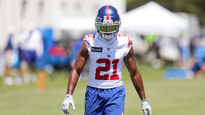 Jul 30, 2026; White Sulphur Springs, WV, USA; New York Giants cornerback Paulson Adebo (21) participates in a drill during training camp at The Greenbrier Resort Sports Performance Center. Jul 30, 2026; White Sulphur Springs, WV, USA; New York Giants cornerback Paulson Adebo (21) participates in a drill during training camp at The Greenbrier Resort Sports Performance Center.