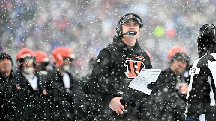 Dec 7, 2025; Orchard Park, New York, USA; Cincinnati Bengals head coach Zac Taylor looks on during the second quarter against the Buffalo Bills at Highmark Stadium. Mandatory Credit: Mark Konezny-Imagn Images