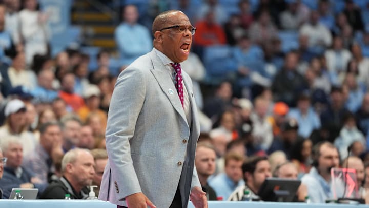 Feb 2, 2026; Chapel Hill, North Carolina, USA; North Carolina Tar Heels head coach Hubert Davis reacts in the first half at Dean E. Smith Center. Mandatory Credit: Bob Donnan-Imagn Images