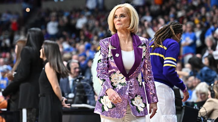 Mar 30, 2025; Spokane, WA, USA;  LSU Lady Tigers head coach Kim Mulkey walks the sideline during the first half of a Elite 8 NCAA Tournament basketball game against the UCLA Bruins at Spokane Arena. Mandatory Credit: James Snook-Imagn Images