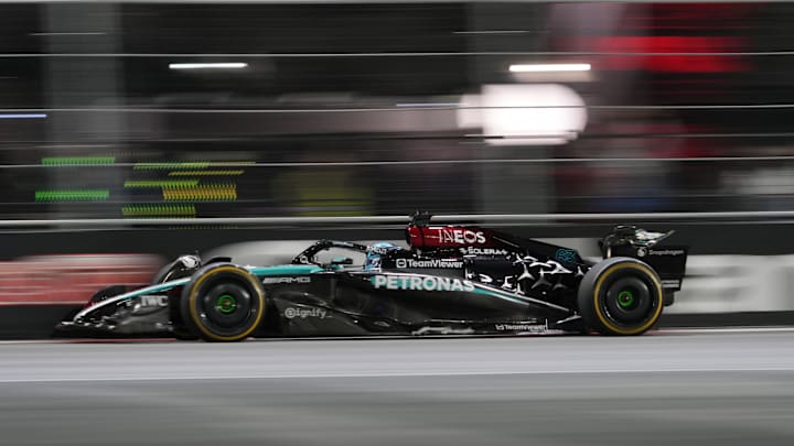 Nov 23, 2024; Las Vegas, Nevada, USA; Mercedes AMG Petronas F1 Team driver George Russell of Great Britain (63) drives during the Las Vegas Grand Prix at the Las Vegas Circuit. Mandatory Credit: Lucas Peltier-Imagn Images