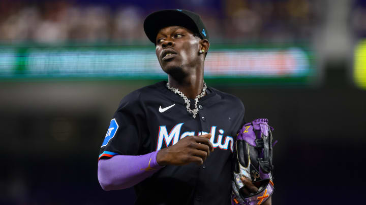 Jul 5, 2024; Miami, Florida, USA; Miami Marlins center fielder Jazz Chisholm Jr. (2) looks on against the Chicago White Sox during the first inning at loanDepot Park. Mandatory Credit: Sam Navarro-USA TODAY Sports