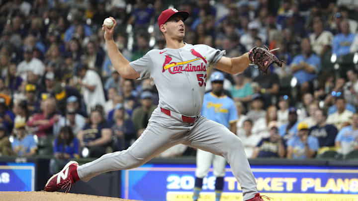 Sep 12, 2025; Milwaukee, Wisconsin, USA; St. Louis Cardinals pitcher Andre Pallante (53) delivers a pitch against the Milwaukee Brewers in the first inning at American Family Field. Mandatory Credit: Michael McLoone-Imagn Images