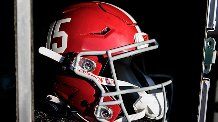 Nov 23, 2024; Norman, Oklahoma, USA; Alabama Crimson Tide helmet prior to a game against the Oklahoma Sooners at Gaylord Family-Oklahoma Memorial Stadium. Mandatory Credit: William Purnell-Imagn Images