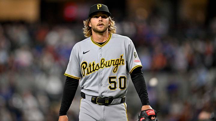 Apr 21, 2026; Arlington, Texas, USA; Pittsburgh Pirates starting pitcher Carmen Mlodzinski (50) comes off the field during the game between the Rangers and the Pirates at Globe Life Field. Mandatory Credit: Jerome Miron-Imagn Images