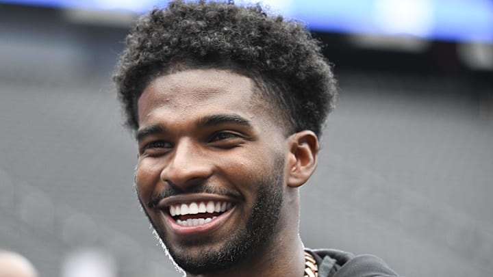 Jul 10, 2024; Las Vegas, NV, USA; Colorado Buffaloes quarterback Shedeur Sanders speaks to the media during the Big 12 Media Days at Allegiant Stadium. Jul 10, 2024; Las Vegas, NV, USA; Colorado Buffaloes quarterback Shedeur Sanders speaks to the media during the Big 12 Media Days at Allegiant Stadium.