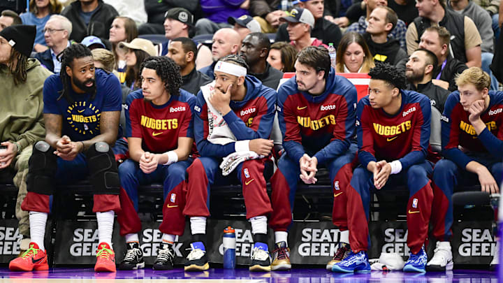 Nov 27, 2024; Salt Lake City, Utah, USA; The Denver Nuggets bench is seen against the Utah Jazz during the first half at the Delta Center. Mandatory Credit: Christopher Creveling-Imagn Images Nov 27, 2024; Salt Lake City, Utah, USA; The Denver Nuggets bench is seen against the Utah Jazz during the first half at the Delta Center. Mandatory Credit: Christopher Creveling-Imagn Images