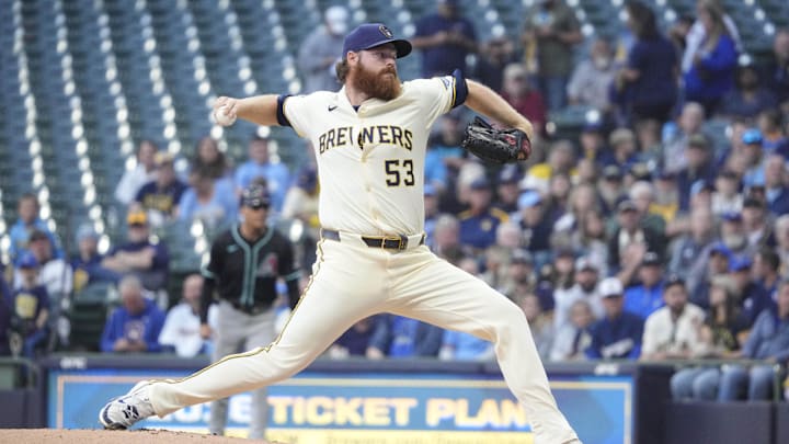 Aug 25, 2025; Milwaukee, Wisconsin, USA; Milwaukee Brewers pitcher Brandon Woodruff (53) delivers a pitch abasing the Arizona Diamondbacks in the first inning at American Family Field. Mandatory Credit: Michael McLoone-Imagn Images