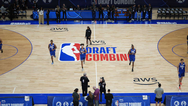 May 11, 2026; Chicago, IL, USA; Players participate in the 2026 NBA Draft Combine at Wintrust Arena. Mandatory Credit: David Banks-Imagn Images