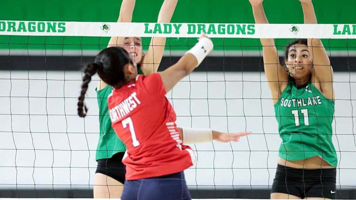 Southlake Carroll's Hattie Peters (No. 11) blocks a shot.