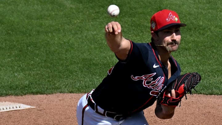 Mar 5, 2026; North Port, Florida, USA; Atlanta Braves relief pitcher Spencer Strider (99) throws a pitch in the fourth inning against the Toronto Blue Jays during spring training at CoolToday Park. Mandatory Credit: Jonathan Dyer-Imagn Images