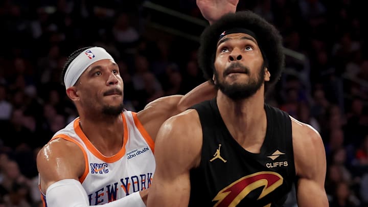 Apr 11, 2025; New York, New York, USA; Cleveland Cavaliers center Jarrett Allen (31) looks to shoot the ball against New York Knicks guard Josh Hart (3) during the second quarter at Madison Square Garden. Mandatory Credit: Brad Penner-Imagn Images