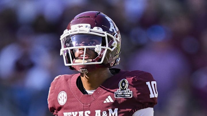 Dec 20, 2025; College Station, TX, USA; Texas A&M Aggies quarterback Marcel Reed (10) looks on during the game between the Aggies and the Hurricanes at Kyle Field. Mandatory Credit: Jerome Miron-Imagn Images