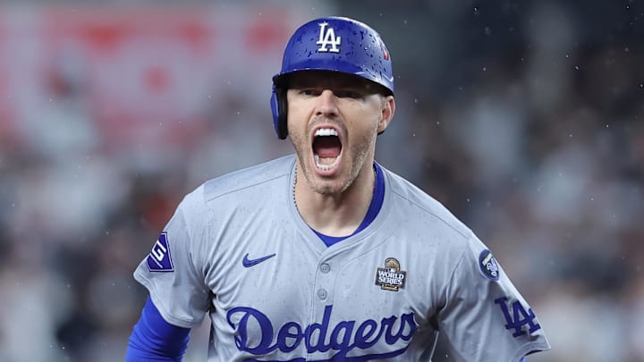 Oct 29, 2024: Los Angeles Dodgers first baseman Freddie Freeman celebrates after hitting a two-run home run during the first inning in game four of the 2024 MLB World Series.