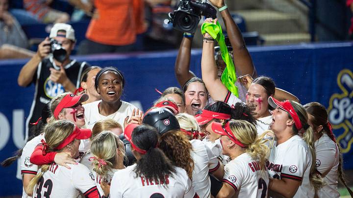 Georgia Bulldogs center Sarah Gordon (7) celebrates her walk off home run during the SEC softball tournament at Jane B. Moore Field in Auburn, Ala., on Wednesday, May 8, 2024. Georgia Bulldogs defeated Auburn Tigers 6-5 in 14 innings.