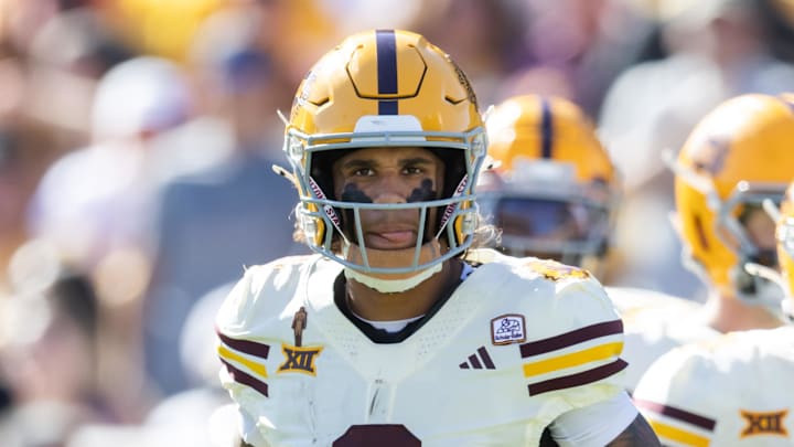 Oct 18, 2025; Tempe, Arizona, USA; Arizona State Sun Devils wide receiver Jordyn Tyson (0) against the Texas Tech Red Raiders at Mountain America Stadium. Mandatory Credit: Mark J. Rebilas-Imagn Images