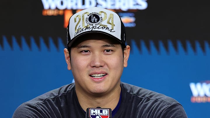 Shohei Ohtani celebrates the Dodgers' World Series victory - Los Angeles Dodgers v New York Yankees - Game 5
