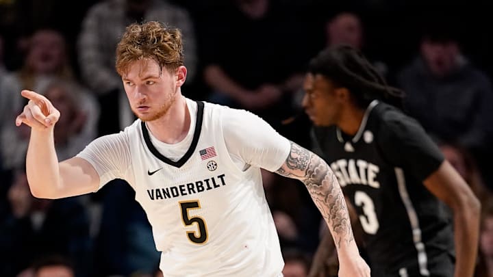 Vanderbilt guard Tyler Nickel (5) celebrates 3 points against Mississippi State during the first half at Memorial Gymnasium in Nashville, Tenn., Tuesday, Jan. 7, 2025.
