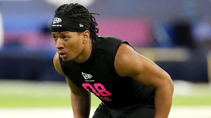 Feb 27, 2026; Indianapolis, IN, USA; North Carolina defensive back Thaddeus Dixon (DB08) during the NFL Scouting Combine at Lucas Oil Stadium. Mandatory Credit: Kirby Lee-Imagn Images