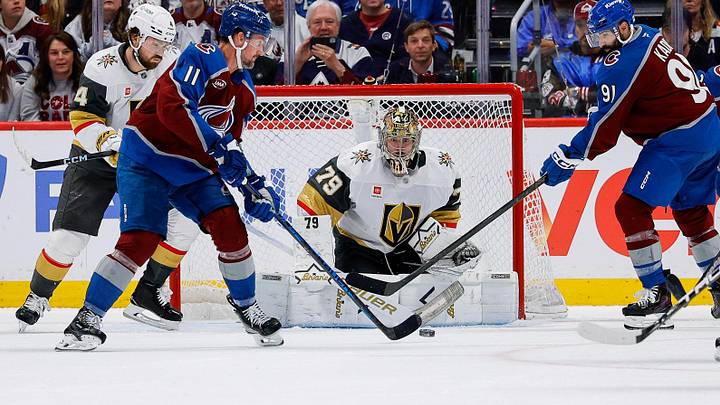 May 20, 2026; Denver, Colorado, USA; Vegas Golden Knights goaltender Carter Hart (79) watches the puck as defenseman Rasmus Andersson (4) defends against Colorado Avalanche center Brock Nelson (11) and center Nazem Kadri (91) in the third period in game one of the Western Conference Final of the 2026 Stanley Cup Playoffs at Ball Arena. Mandatory Credit: Isaiah J. Downing-Imagn Images May 20, 2026; Denver, Colorado, USA; Vegas Golden Knights goaltender Carter Hart (79) watches the puck as defenseman Rasmus Andersson (4) defends against Colorado Avalanche center Brock Nelson (11) and center Nazem Kadri (91) in the third period in game one of the Western Conference Final of the 2026 Stanley Cup Playoffs at Ball Arena. Mandatory Credit: Isaiah J. Downing-Imagn Images