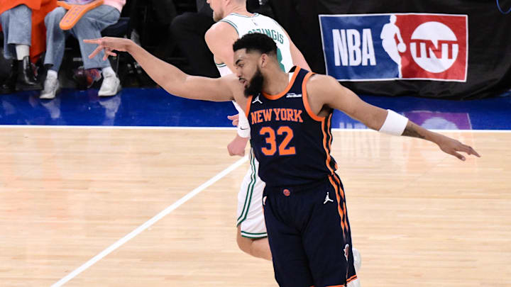 New York Knicks center Karl-Anthony Towns reacts during the first half against the Boston Celtics at Madison Square Garden. Mandatory Credit: John Jones-Imagn Images New York Knicks center Karl-Anthony Towns reacts during the first half against the Boston Celtics at Madison Square Garden. Mandatory Credit: John Jones-Imagn Images