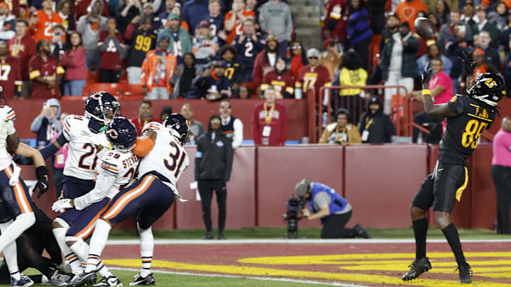 The ball winds up in the hands of Noah Brown for the game-winning TD on a Hail Mary pass Sunday in the Bears' 18-15 loss.