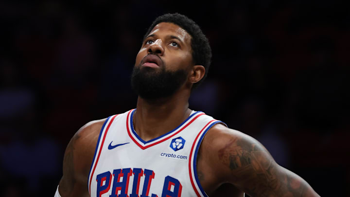 Philadelphia 76ers forward Paul George (8) looks on against the Miami Heat during the first quarter at Kaseya Center.