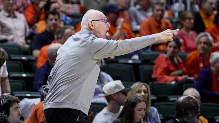 Jan 17, 2024; Coral Gables, Florida, USA; Miami Hurricanes head coach Jim Larranaga reacts from the sideline against the Florida State Seminoles during the second half at Watsco Center. Mandatory Credit: Sam Navarro-Imagn Images