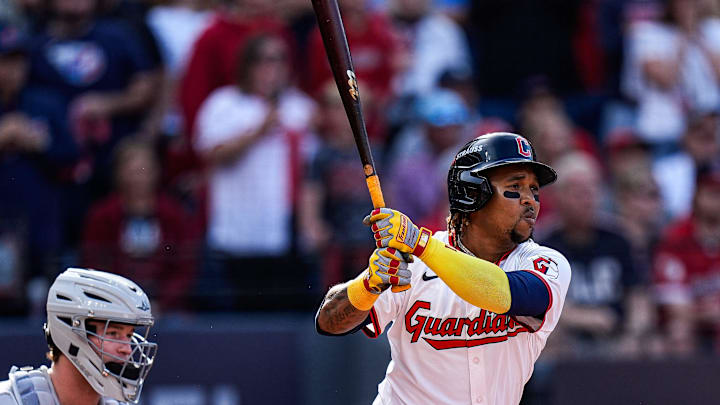 Cleveland Guardians third base José Ramírez (11) bats a 1-RBI single against Detroit Tigers during the fourth inning of Game 3 of AL wild-card series at Progressive Field in Cleveland on Thursday, Oct. 2, 2025.