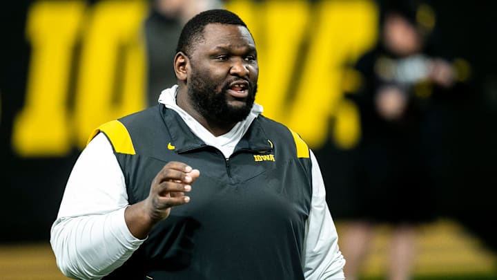 Iowa defensive line coach Kelvin Bell gives instructions during a spring NCAA football practice, Thursday, March 30, 2023, at the University of Iowa Indoor Practice Facility in Iowa City, Iowa.

230330 Iowa Spring Fb 042 Jpg