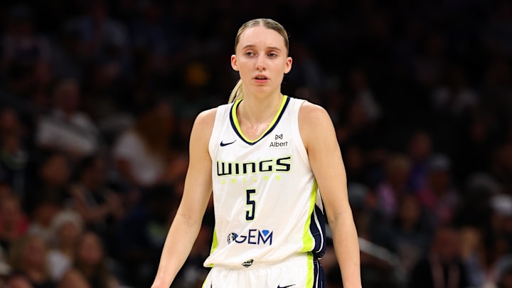 Jun 11, 2025; Phoenix, Arizona, USA; Dallas Wings guard Paige Bueckers (5) against the Phoenix Mercury in the first half at PHX Arena. Mandatory Credit: Mark J. Rebilas-Imagn Images
