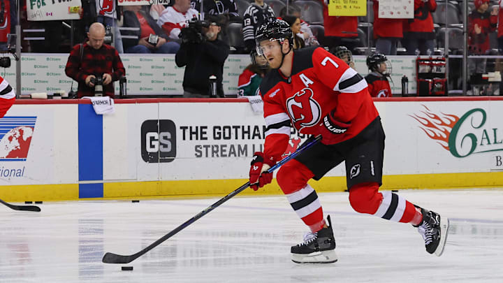 Apr 16, 2025; Newark, New Jersey, USA; New Jersey Devils defenseman Dougie Hamilton (7) skates during warmups for their game against the Detroit Red Wings at Prudential Center. Hamilton had been out with an injury since March 4, 2025. Mandatory Credit: Ed Mulholland-Imagn Images Apr 16, 2025; Newark, New Jersey, USA; New Jersey Devils defenseman Dougie Hamilton (7) skates during warmups for their game against the Detroit Red Wings at Prudential Center. Hamilton had been out with an injury since March 4, 2025. Mandatory Credit: Ed Mulholland-Imagn Images