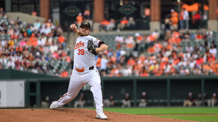 May 19, 2024; Baltimore, Maryland, USA; Baltimore Orioles pitcher Corbin Burnes (39) throws a pitch during the first inning against the Seattle Mariners at Oriole Park at Camden Yards.