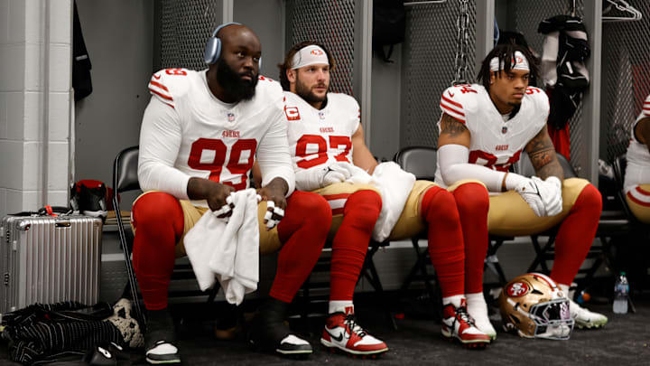 San Francisco 49ers defensive linemen Maliek Collins (L), Nick Bosa (C) and Yetur Gross-Matos (R) San Francisco 49ers defensive linemen Maliek Collins (L), Nick Bosa (C) and Yetur Gross-Matos (R)