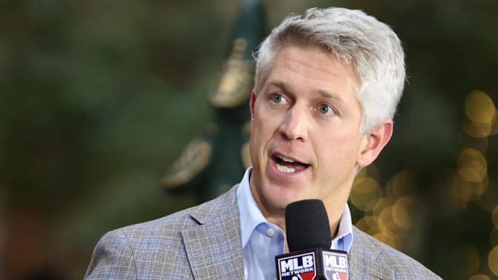 Dec 10, 2024; Dallas, TX, USA; Baltimore Orioles executive vice president and general manager Mike Elias talks on the set of MLB Network at the Hilton Anatole during the 2024 MLB Winter Meetings. Dec 10, 2024; Dallas, TX, USA; Baltimore Orioles executive vice president and general manager Mike Elias talks on the set of MLB Network at the Hilton Anatole during the 2024 MLB Winter Meetings.