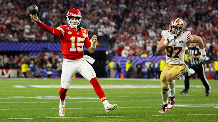 Feb 11, 2024; Paradise, Nevada, USA; Kansas City Chiefs quarterback Patrick Mahomes (15) throws a pass against San Francisco 49ers defensive end Nick Bosa (97) in the fourth quarter in Super Bowl LVIII at Allegiant Stadium. Mandatory Credit: Mark J. Rebilas-Imagn Images