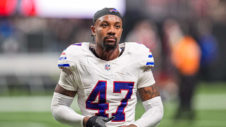 Oct 13, 2025; Atlanta, Georgia, USA; Buffalo Bills cornerback Christian Benford (47) on the field against the Atlanta Falcons at Mercedes-Benz Stadium. Oct 13, 2025; Atlanta, Georgia, USA; Buffalo Bills cornerback Christian Benford (47) on the field against the Atlanta Falcons at Mercedes-Benz Stadium.