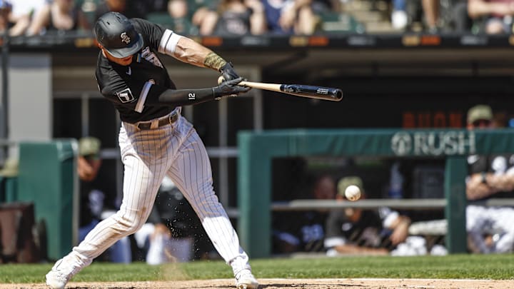 May 21, 2023; Chicago, Illinois, USA; Chicago White Sox right fielder Romy Gonzalez (12) singles