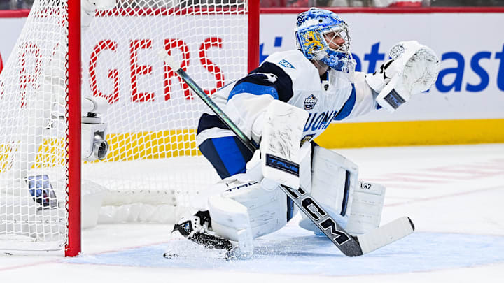 Feb 13, 2025; Montreal, Quebec, CAN; [Imagn Images direct customers only] Team Finland goalie Juuse Saros (74) tends the net against Team USA in the first period during a 4 Nations Face-Off ice hockey game at Bell Centre. Mandatory Credit: David Kirouac-Imagn Images