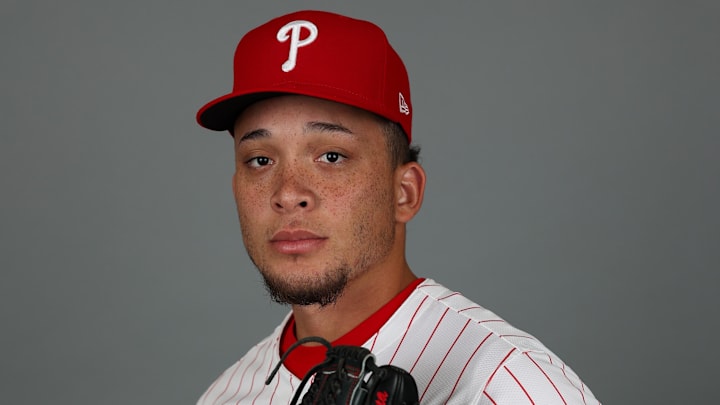 Feb 20, 2025; Clearwater, FL, USA; Philadelphia Phillies pitcher Moises Chace (75) participates in media day at BayCare Ballpark Feb 20, 2025; Clearwater, FL, USA; Philadelphia Phillies pitcher Moises Chace (75) participates in media day at BayCare Ballpark