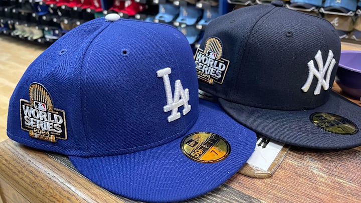 Lids, inside the Mall of Victor Valley, received a fresh shipment of Los Angeles Dodgers and New York Yankees hats with World Series patches on Wednesday, Oct. 23, 2024.