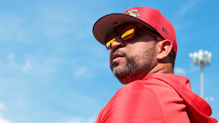 Feb 27, 2026; Jupiter, Florida, USA; St. Louis Cardinals manager Oliver Marmol (37) looks on from the dugout before the game against the New York Mets at Roger Dean Chevrolet Stadium. Mandatory Credit: Sam Navarro-Imagn Images Feb 27, 2026; Jupiter, Florida, USA; St. Louis Cardinals manager Oliver Marmol (37) looks on from the dugout before the game against the New York Mets at Roger Dean Chevrolet Stadium. Mandatory Credit: Sam Navarro-Imagn Images