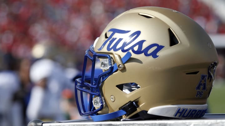 Sep 24, 2022; Oxford, Mississippi, USA; Tulsa Golden Hurricane helmet against the Mississippi Rebels at Vaught-Hemingway Stadium. Sep 24, 2022; Oxford, Mississippi, USA; Tulsa Golden Hurricane helmet against the Mississippi Rebels at Vaught-Hemingway Stadium.