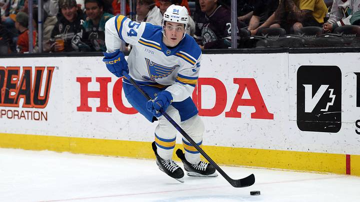 Mar 8, 2026; Anaheim, California, USA;  St. Louis Blues right wing Dalibor Dvorsky (54) skates with the puck during the first period against the Anaheim Ducks at Honda Center. Mandatory Credit: Kiyoshi Mio-Imagn Images