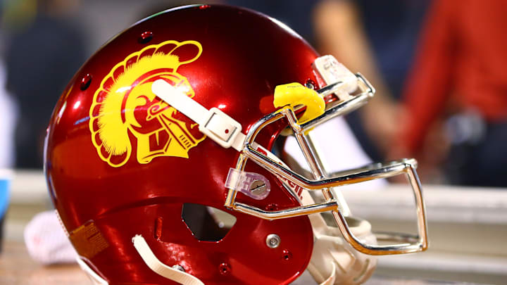 Sep 26, 2015; Tempe, AZ, USA; Detailed view of a Southern California Trojans helmet against the
